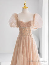 Chamapgne Beaded Short Sleeves Tulle A-line Prom Dress, Champagne Party Dress